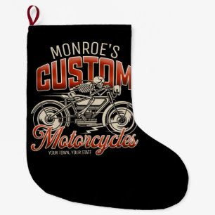 Custom NAME Skeleton Motorcycle Cycle Shop Large Christmas Stocking