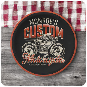 Custom NAME Skeleton Motorcycle Cycle Shop Paper Plate
