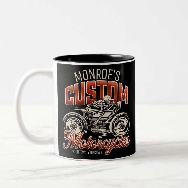 Custom NAME Skeleton Motorcycle Cycle Shop Two-Tone Coffee Mug (Left)