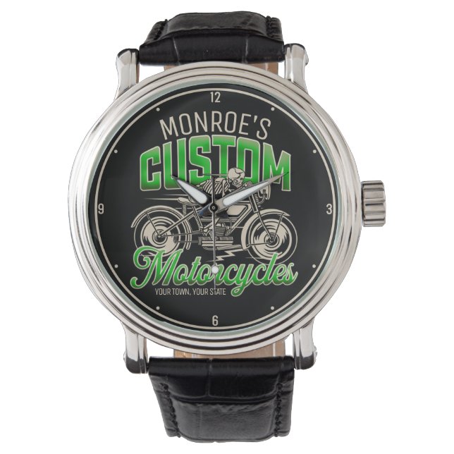 Custom NAME Skeleton Motorcycle Cycle Shop Watch (Front)