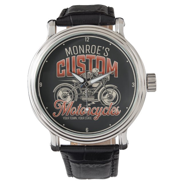 Custom NAME Skeleton Motorcycle Cycle Shop Watch (Front)