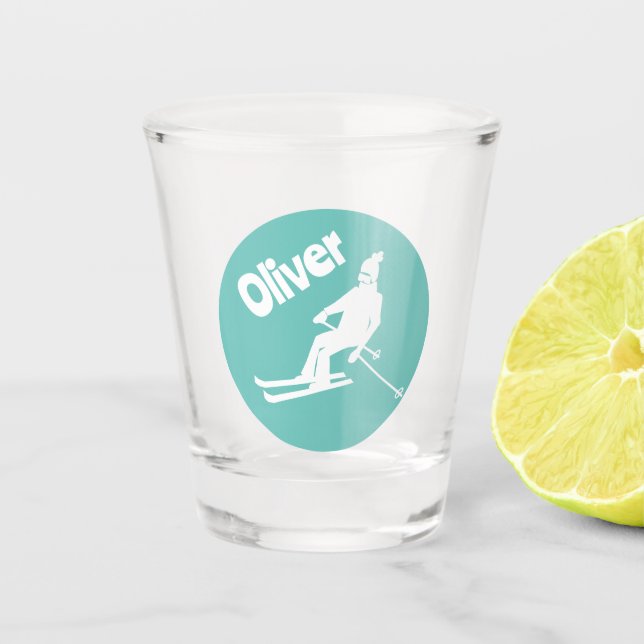 Custom Name Ski Retro Skier Winter Teal   Shot Glass (Front)