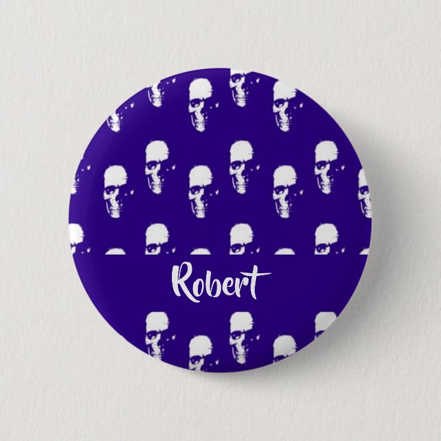 Custom name skulls on blue 6 cm round badge (Front)