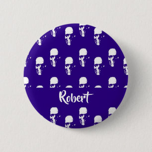 Custom name skulls on blue 6 cm round badge