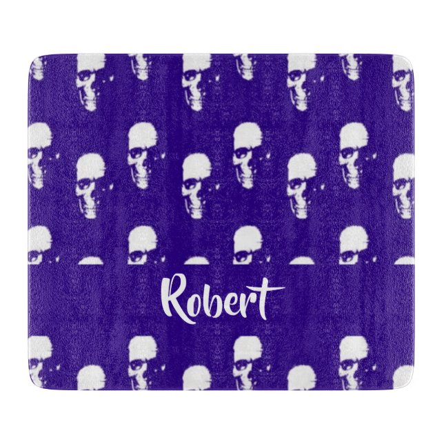 Custom name skulls on blue cutting board (Front)