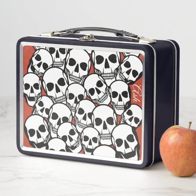 Custom Name Skulls on Burnt Orange background.  Metal Lunch Box (In Situ)
