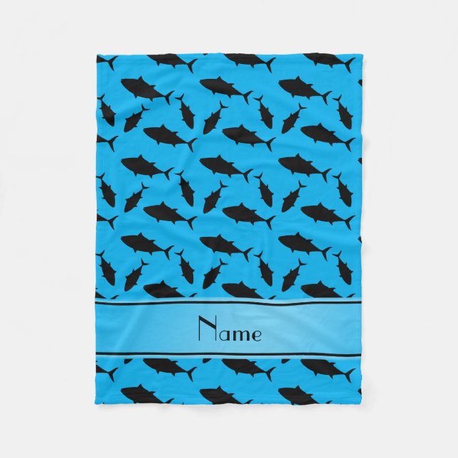 Custom name sky blue black bluefin tuna pattern fleece blanket (Front)