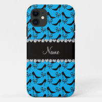 Custom name sky blue black high heels bow diamond