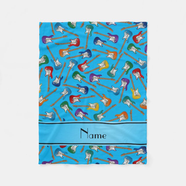 Custom name sky blue colourful electric guitars fleece blanket (Front)