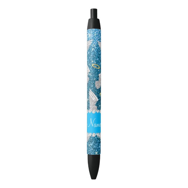 Custom name sky blue glitter angel wings black ink pen (Front Vertical)