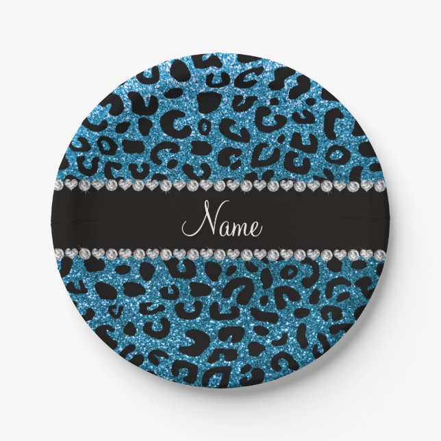Custom name sky blue glitter cheetah print paper plate (Front)