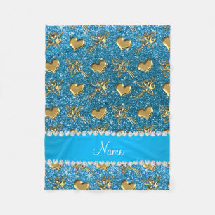 Custom name sky blue glitter gold roses hearts fleece blanket