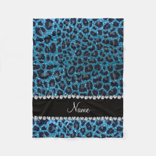 Custom name sky blue glitter leopard print fleece blanket (Front)