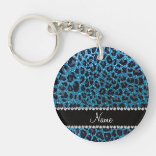 Custom name sky blue glitter leopard print key ring