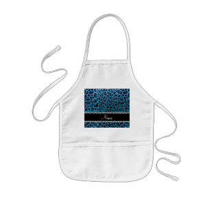 Custom name sky blue glitter leopard print kids apron