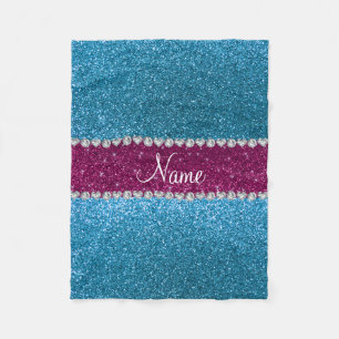 Custom name sky blue glitter pink stripe fleece blanket