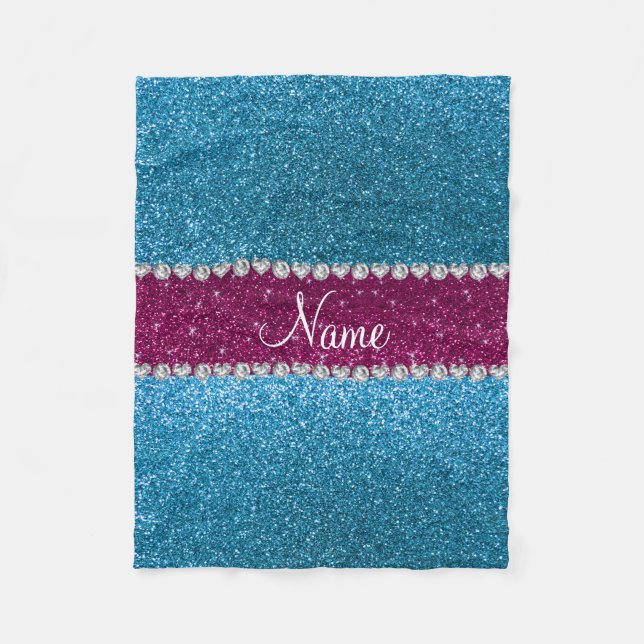 Custom name sky blue glitter pink stripe fleece blanket (Front)