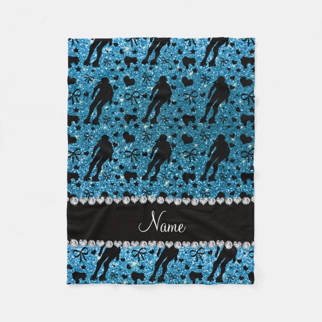 Custom name sky blue glitter roller derby fleece blanket (Front)