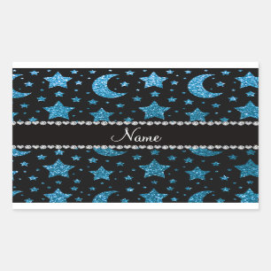 Custom name sky blue glitter stars and moons rectangular sticker