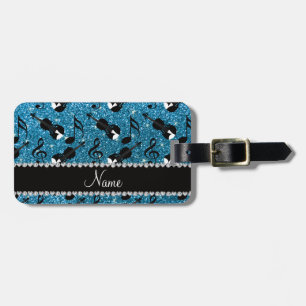 Custom name sky blue glitter violins music notes luggage tag