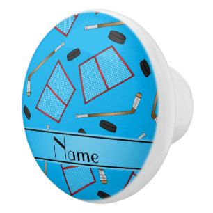 Custom name sky blue hockey sticks pucks nets ceramic knob