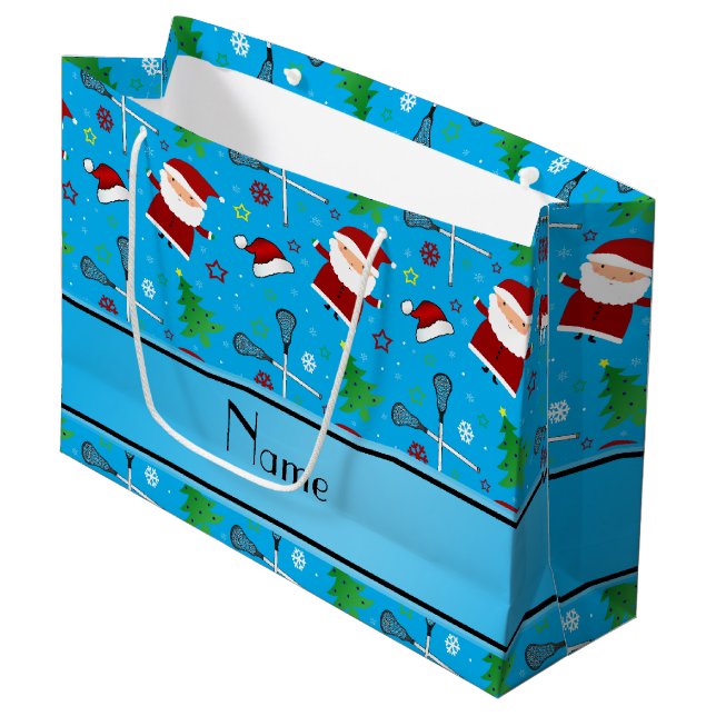 Custom name sky blue lacrosse christmas pattern large gift bag (Front Angled)