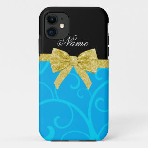 Custom name sky blue swirls gold glitter bow iPhone 11 case