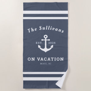 Custom Name Slate Blue Anchor Family Vacation Beach Towel