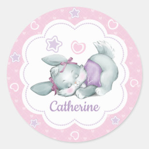 Custom name Sleeping Bunny in pink and purple Classic Round Sticker