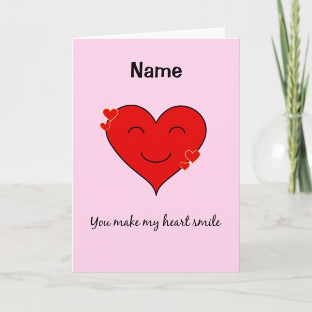 Custom name smiling heart pink holiday card (Front)