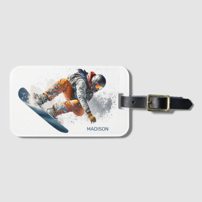 Custom Name Snowboarder Illustration Luggage Tag (Front Horizontal)