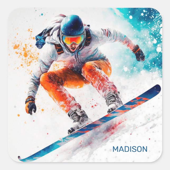 Custom Name Snowboarder Illustration Square Sticker (Front)