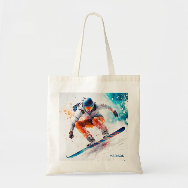 Custom Name Snowboarder Illustration Tote Bag (Front)