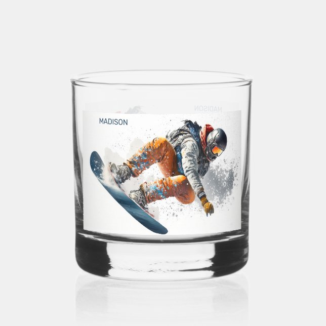 Custom Name Snowboarder Illustration Whiskey Glass (Front)