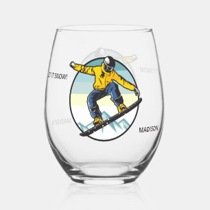 Custom Name Snowboarder Stemless Wine Glass
