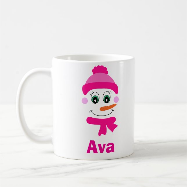 Custom Name Snowman Snowgirl Pink Hat and Scarf Coffee Mug (Left)