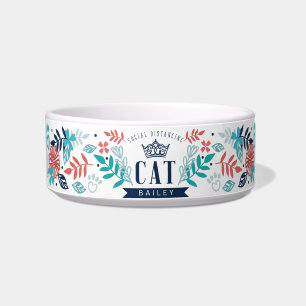 Custom Name Social Distancing Cat & Floral Design Bowl
