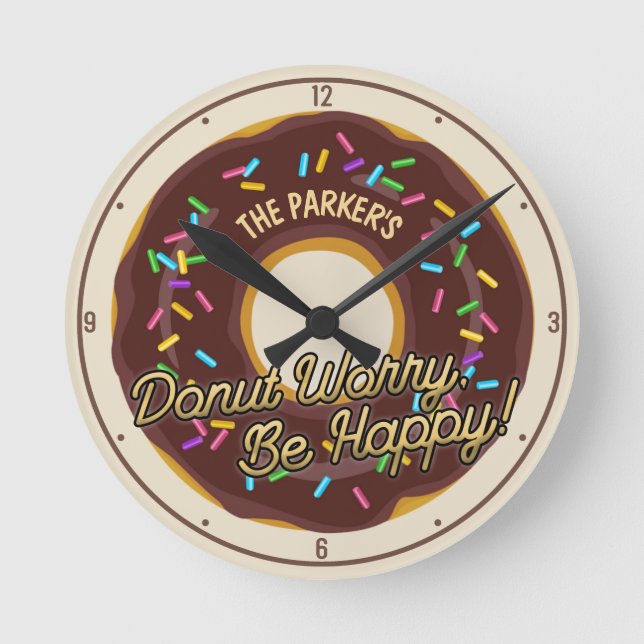 Custom NAME Soft Chocolate Doughnut Rainbow Sprink Round Clock (Front)