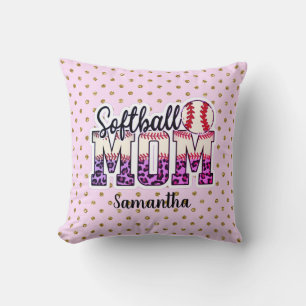 Custom Name Softball Mom Pink and Gold Polka Dot Cushion