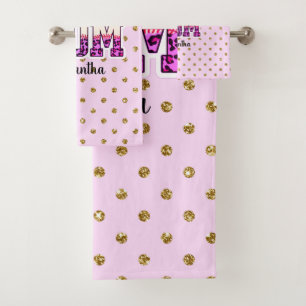 Custom Name Softball Mum   Pink and Gold Polka Dot Bath Towel Set