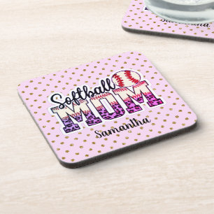 Custom Name Softball Mum   Pink and Gold Polka Dot Coaster