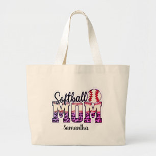 Custom Name Softball Mum   Pink and Gold Polka Dot Large Tote Bag