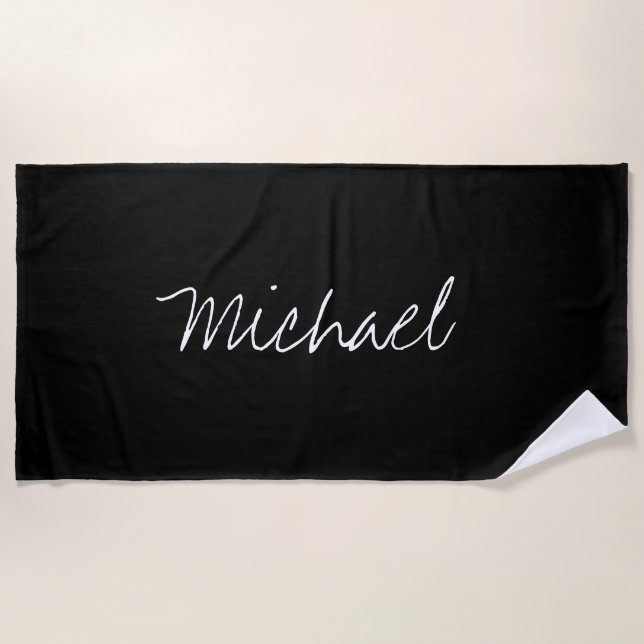 Custom Name Solid Black Beach Towel (Front)