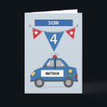 Custom Name Son 4th Birthday Blue Police Car Card<br><div class="desc">You should be readying this card as early as today as you join in the celebration of your dear son's 4th birthday. He will surely appreciate getting a fun card like this from you. Make his special day more special with this.</div>
