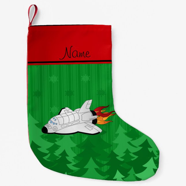 Custom name space shuttle green christmas trees small christmas stocking (Front)