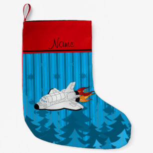 Custom name space shuttle sky blue christmas trees small christmas stocking
