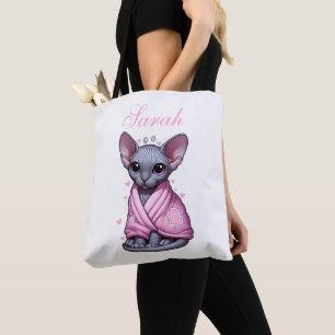 Custom Name Sphynx Cat Tote Bag Pink Blanket