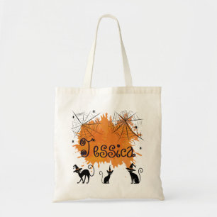 Custom Name Spooky Black Cat Witch Web Spider Tote Bag