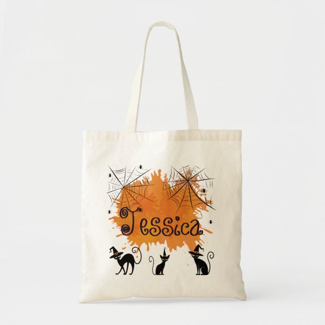 Custom Name Spooky Black Cat Witch Web Spider Tote Bag (Front)