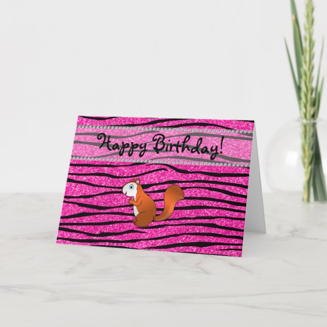 Custom name squirrel pink glitter zebra stripes holiday card (Front)